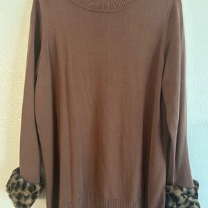 Belle by Kim Gravel Brown Sweater with Animal Print Cuffs